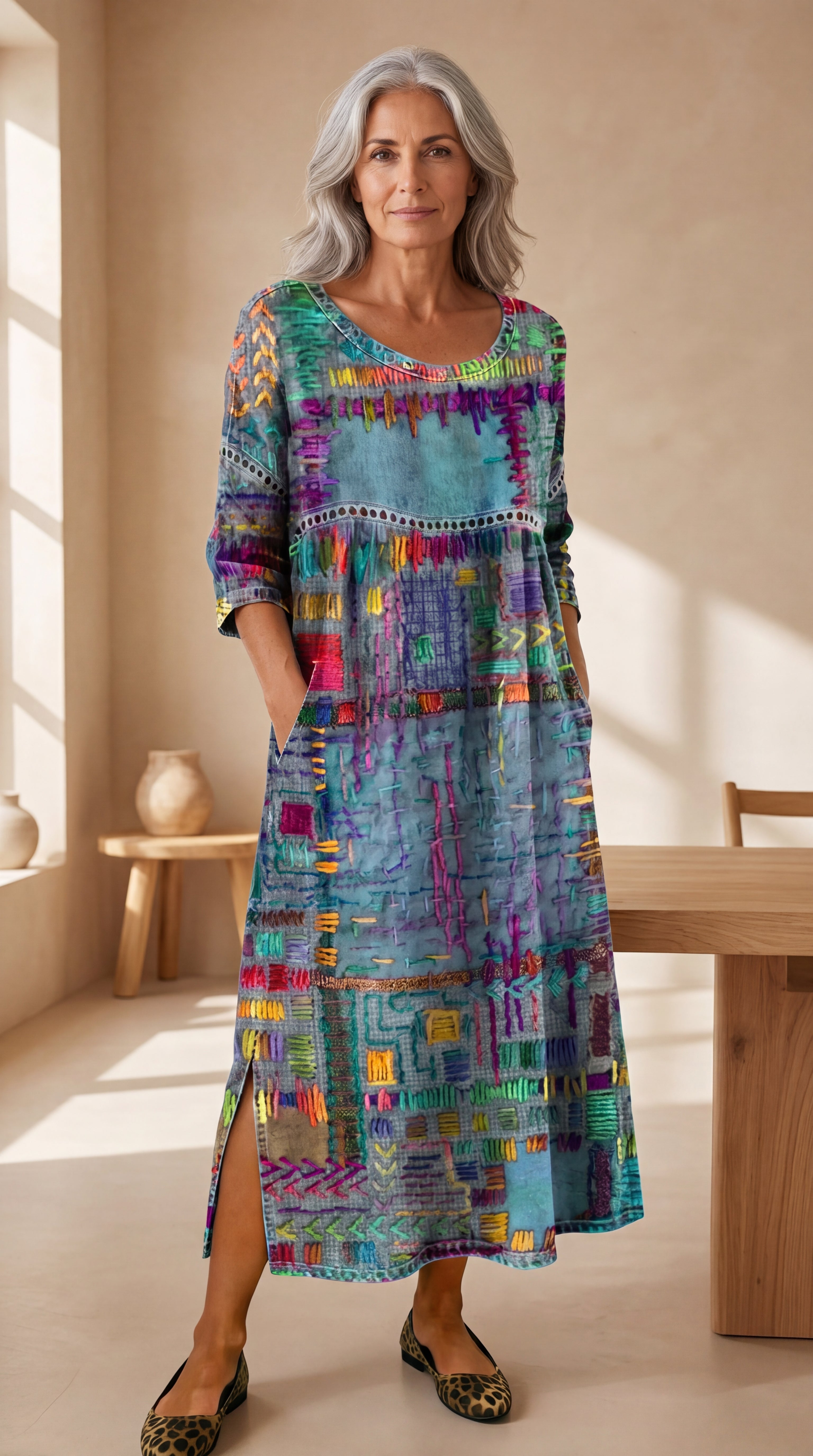 Manuela | Abito in Denim con Patchwork Etnico