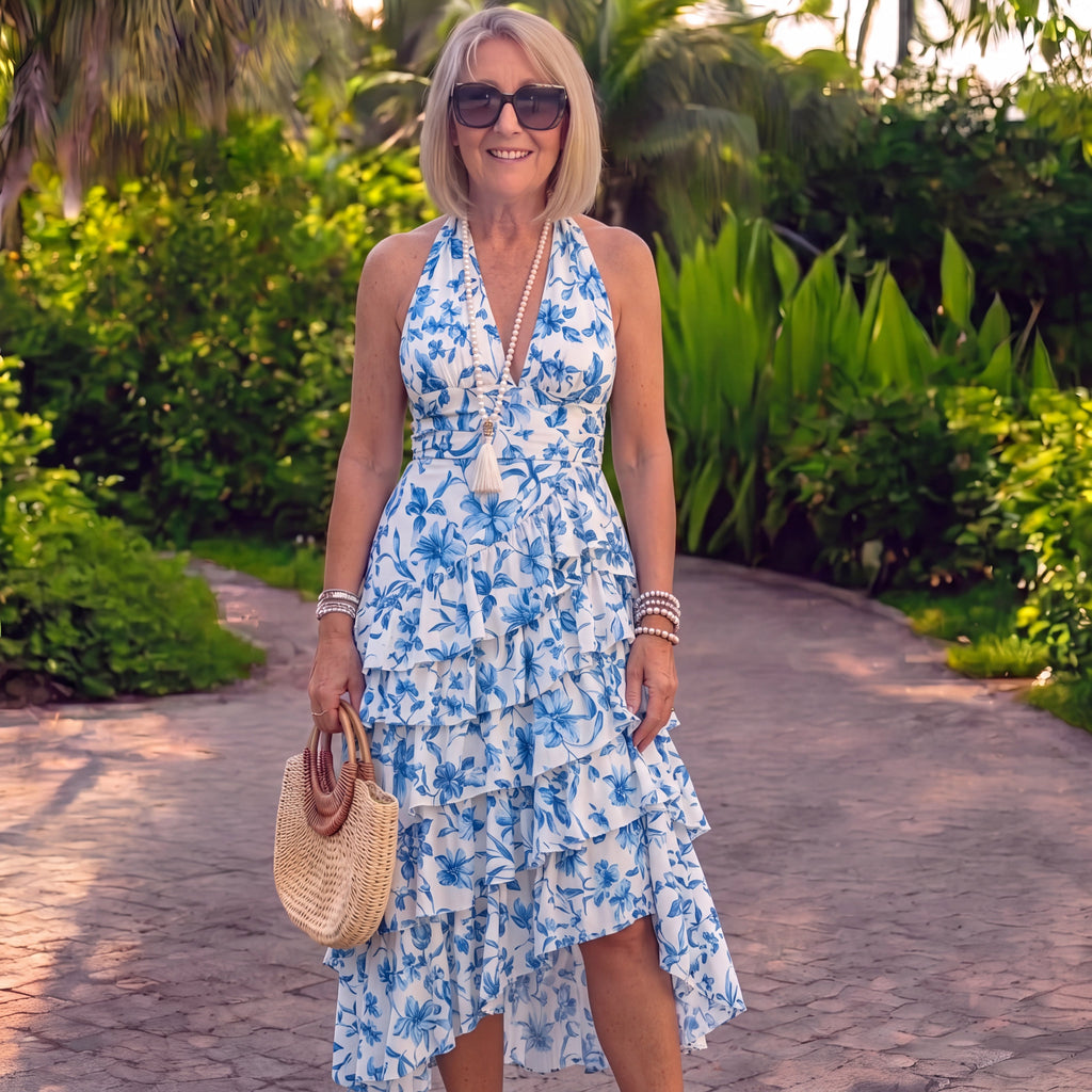 Maria - Abito lungo in cotone e chiffon con volant