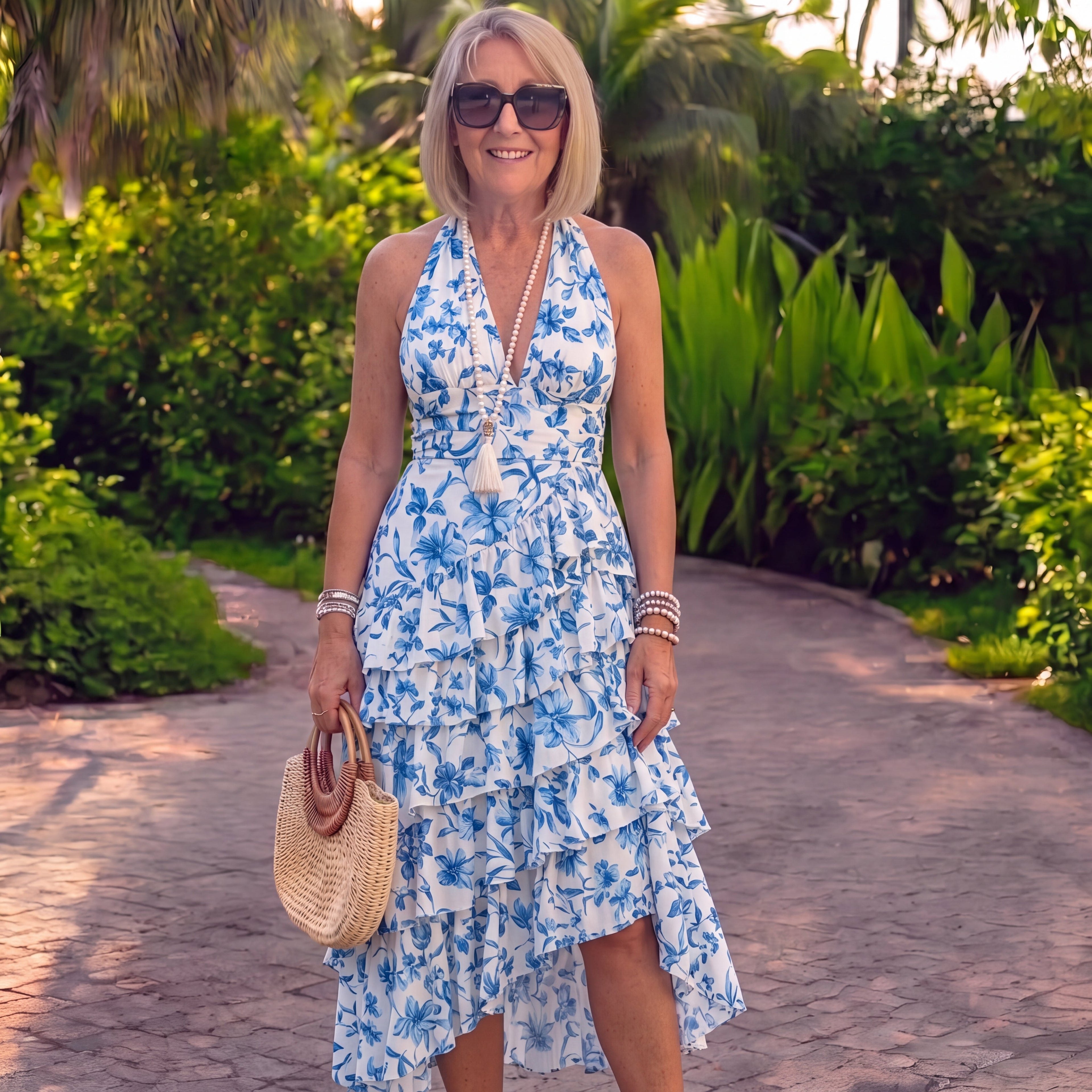 Maria - Abito lungo in cotone e chiffon con volant