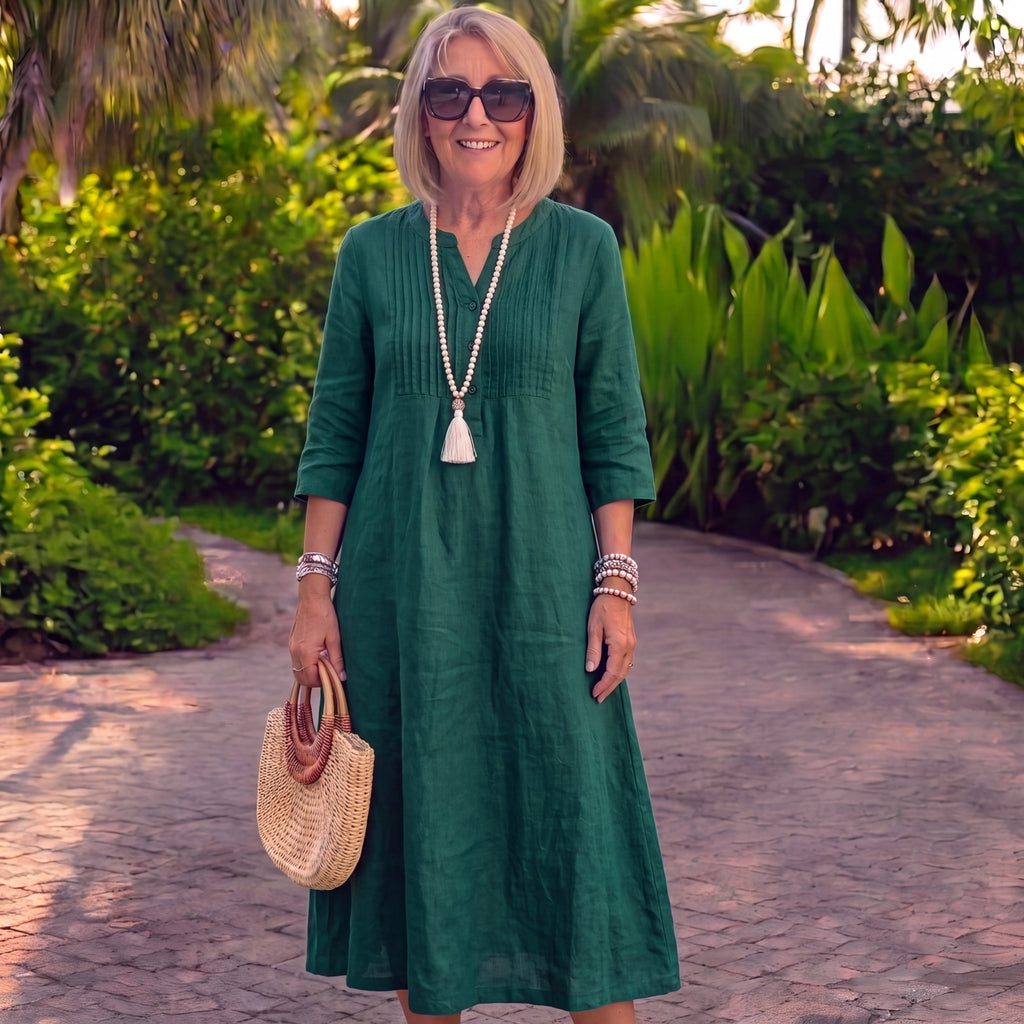 Laura - Abito lungo in lino e cotone con scollo a V vintage