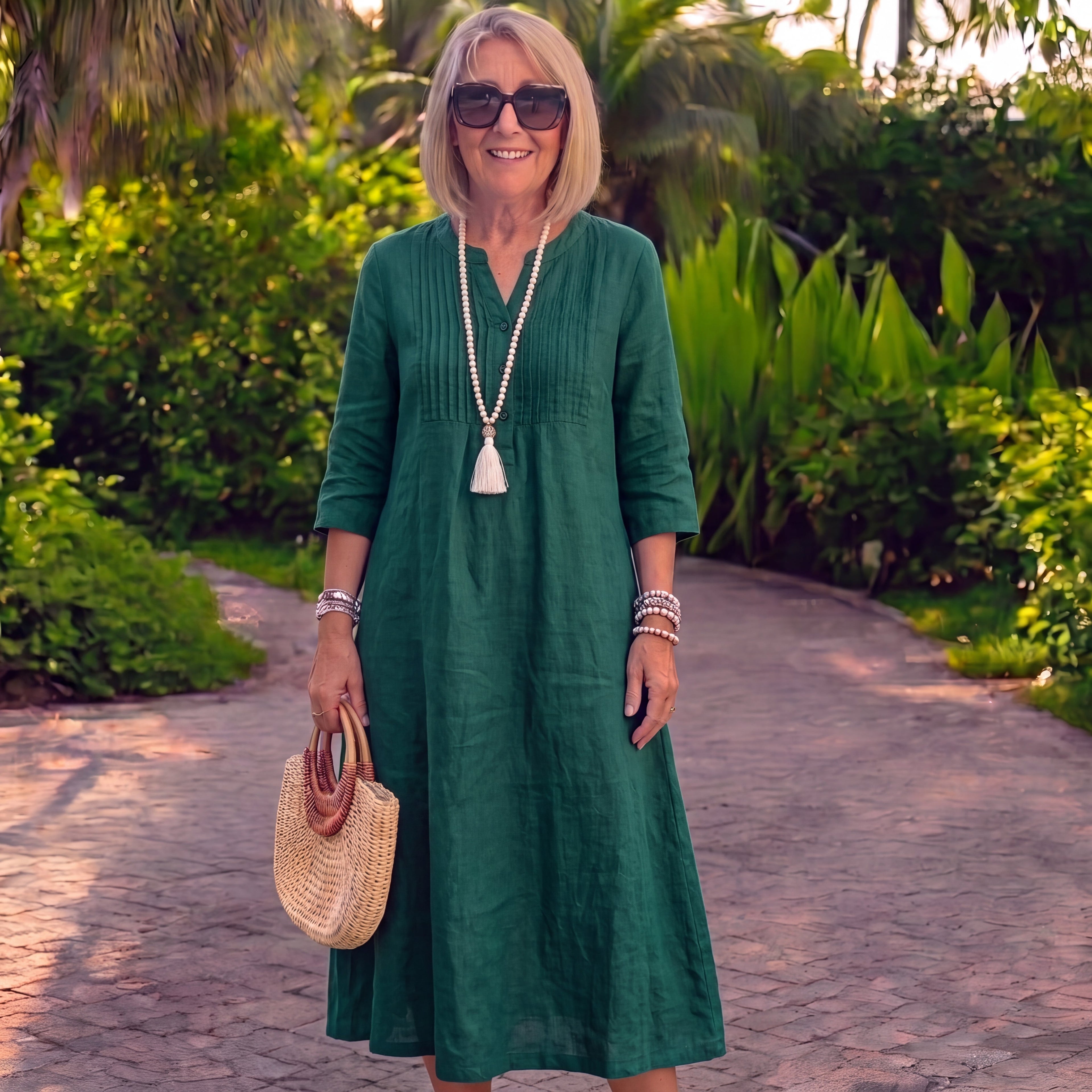 Laura - Abito lungo in lino e cotone con scollo a V vintage