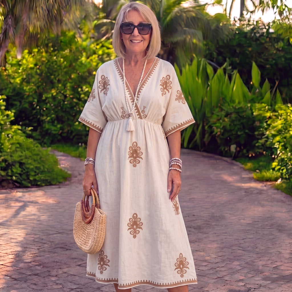 Alessandra - Abito in lino e cotone con scollo a V in pizzo