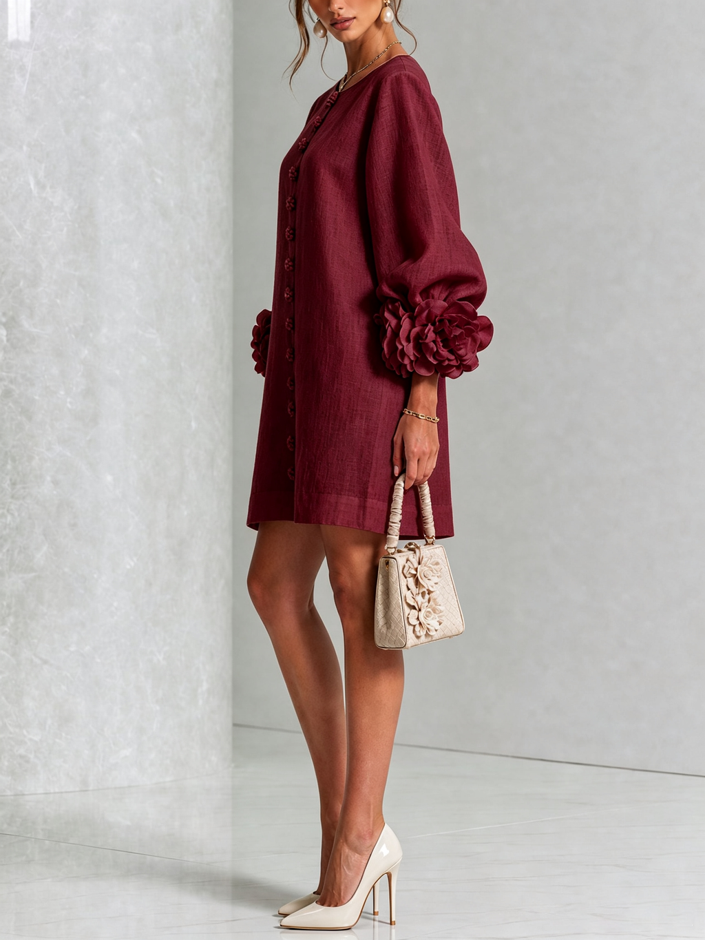 Abito Mini in Lino con Bottoni Fiore e Rose sui Polsini