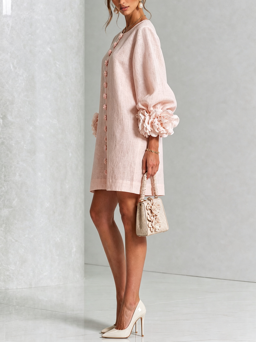 Abito Mini in Lino con Bottoni Fiore e Rose sui Polsini