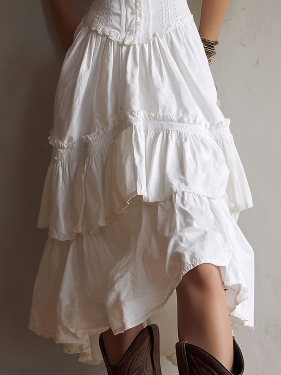 Abito Midi Boho Retro con Corsetto a Balze e Bordo in Pizzo
