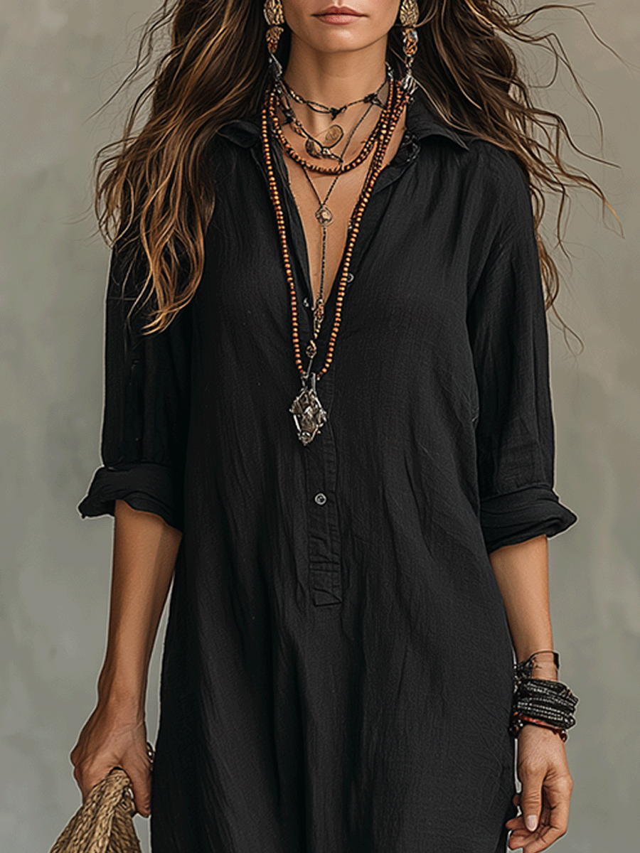 Abito Lungo Chemisier Boho Nero con Bottoni