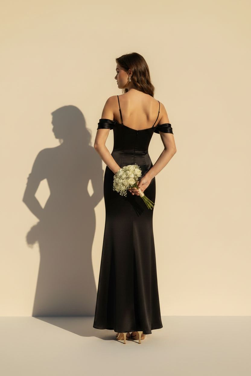 Aurélie – Abito lungo in raso effetto silhouette nero