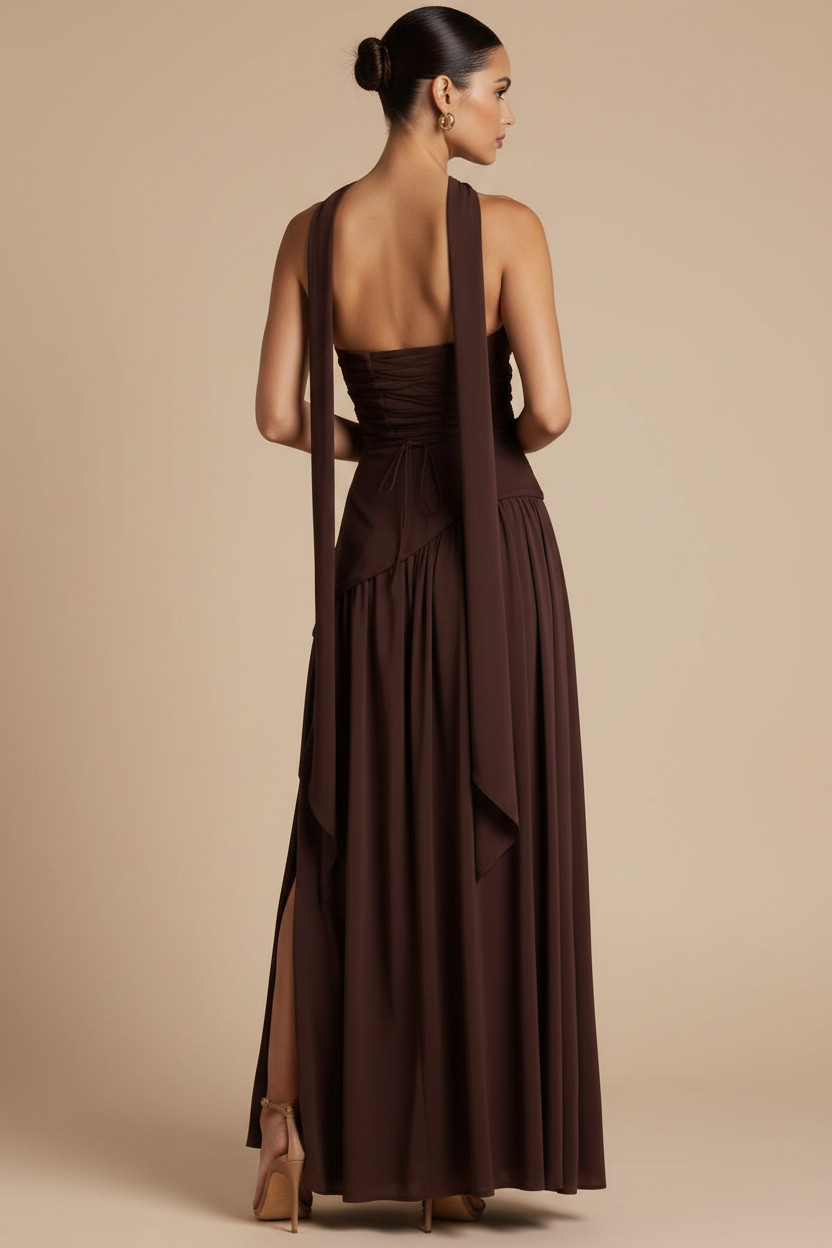 Valeria – Vestito lungo senza spalline con spacco elegante marrone