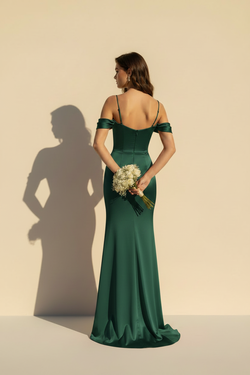 Aurélie – Vestito Lungo in Raso Effetto Modellante Verde Oliva