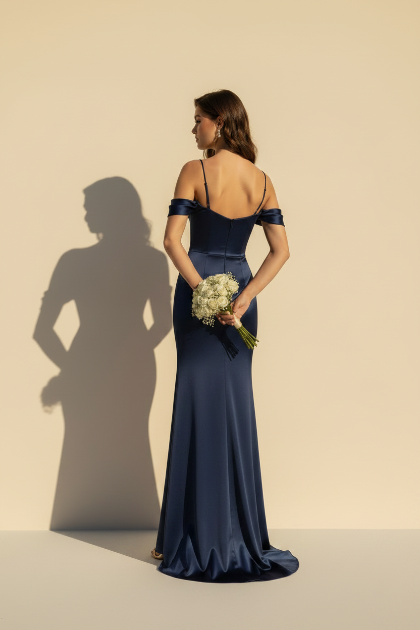 Aurélie – Abito lungo in raso effetto silhouette blu notte