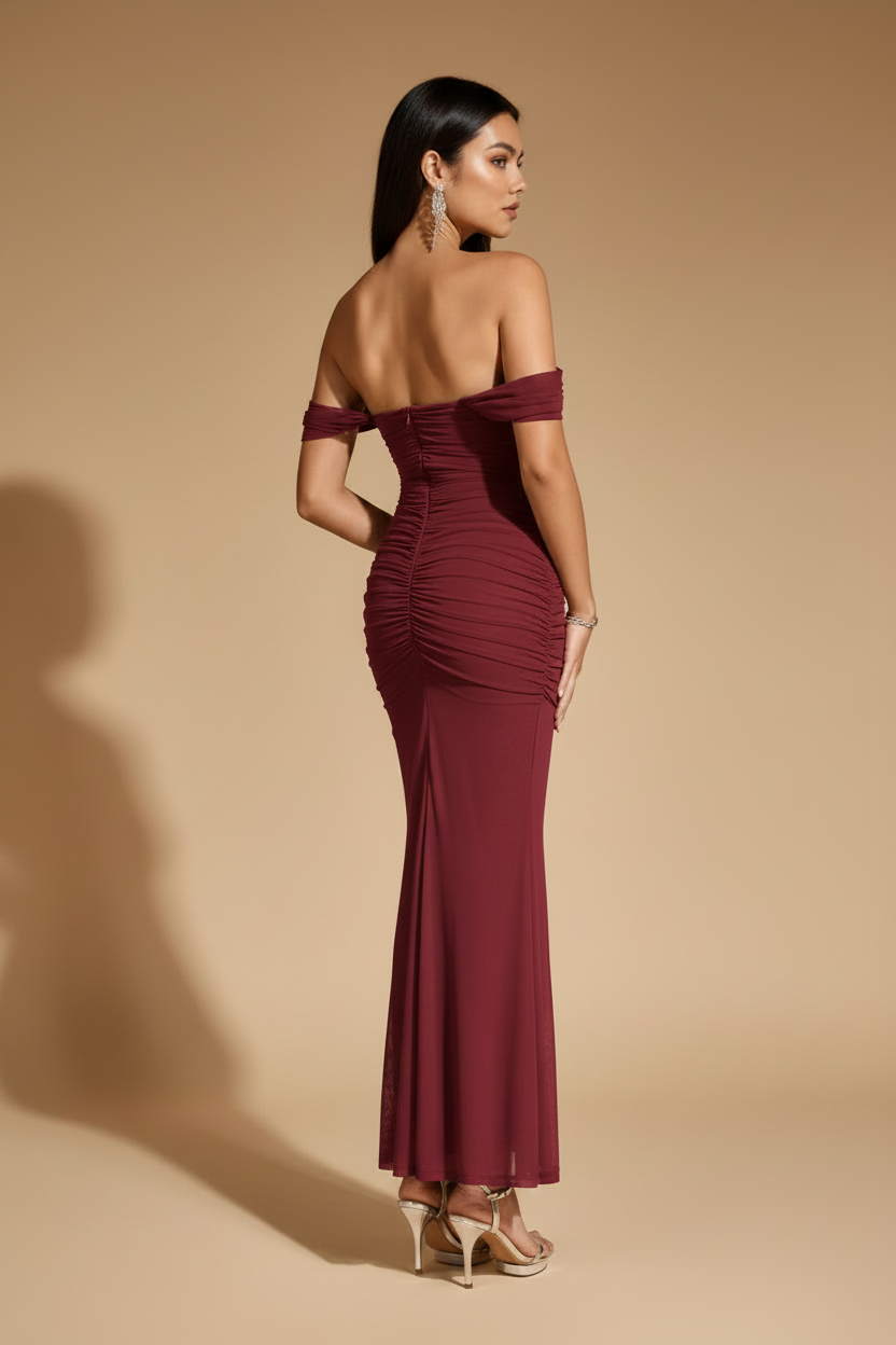 Serena Vestito Lungo Drappeggiato Color Lampone