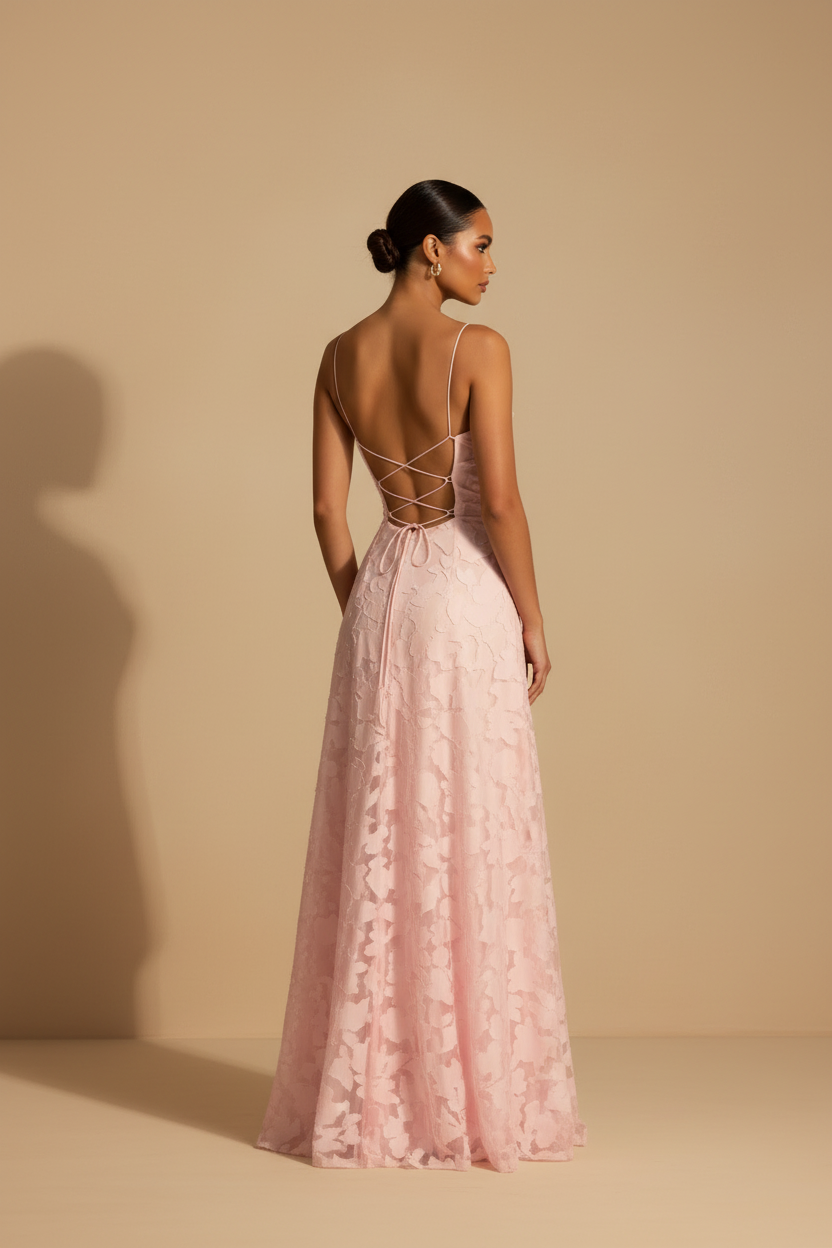 Francesca – Abito Lungo Pizzo Vestibilità Elegante Rosa