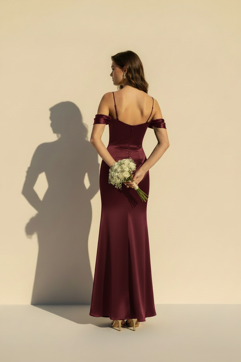 Aurélie – Abito lungo in raso effetto silhouette bordeaux
