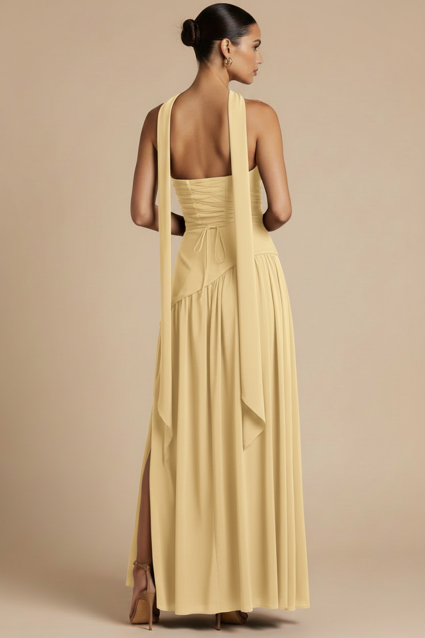 Valeria – Vestito lungo senza spalline con spacco elegante Giallo Chiaro