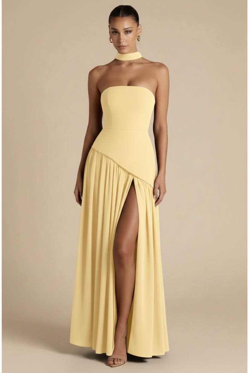Valeria – Vestito lungo senza spalline con spacco elegante Giallo Chiaro