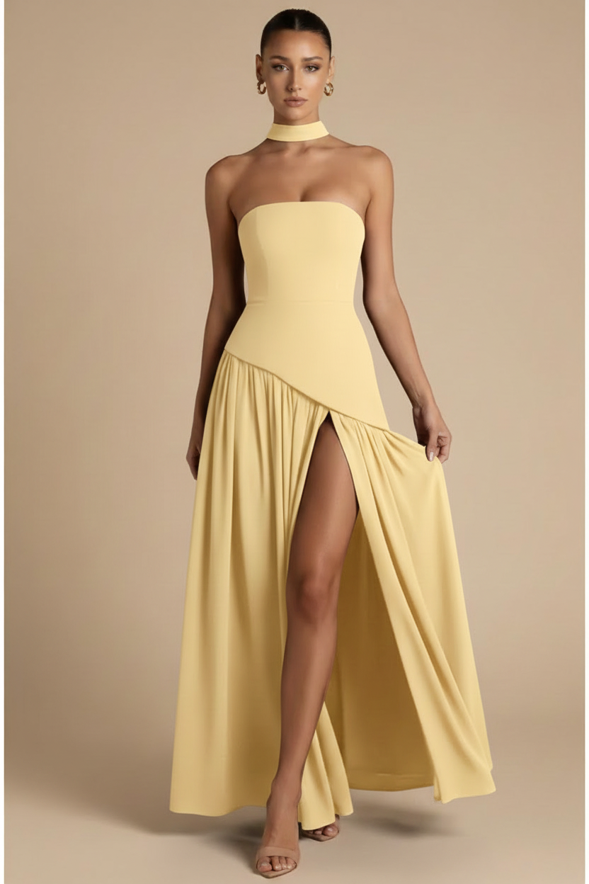 Valeria – Vestito lungo senza spalline con spacco elegante Giallo Chiaro