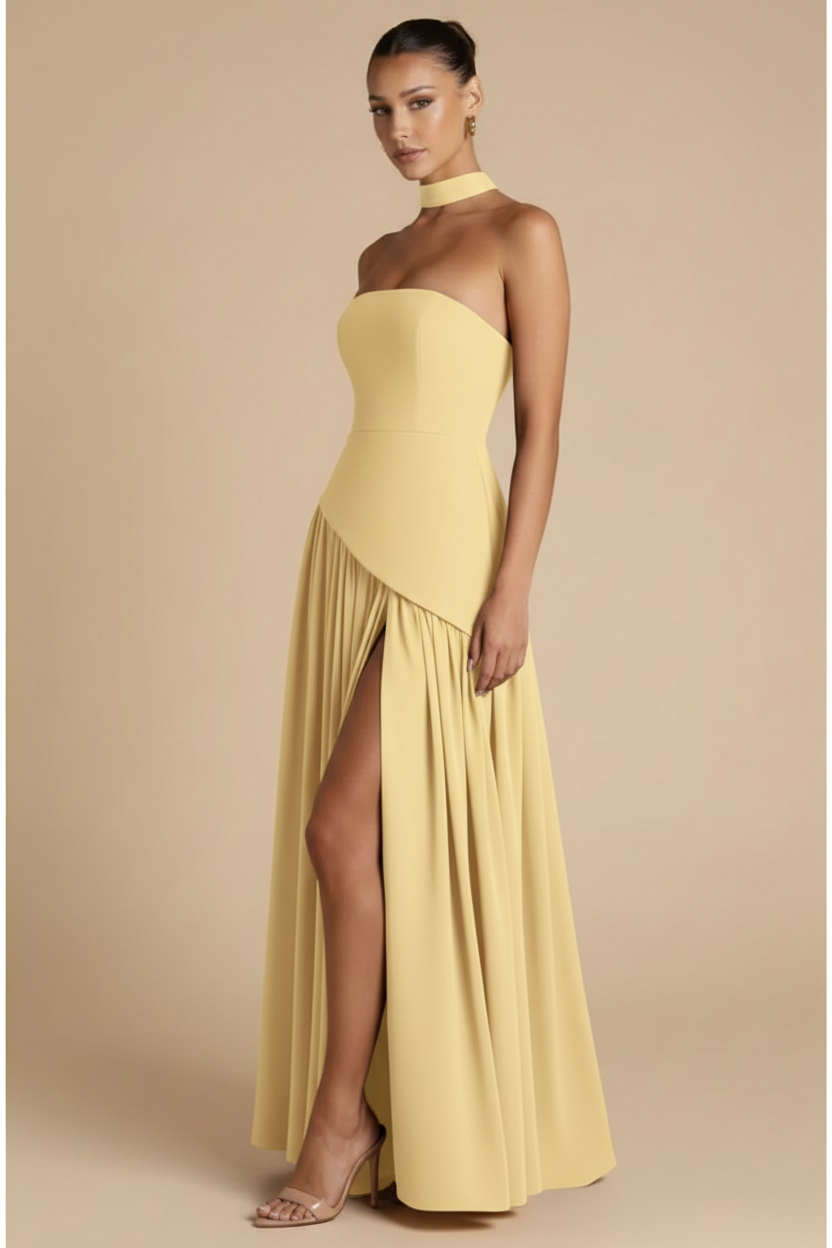 Valeria – Vestito lungo senza spalline con spacco elegante Giallo Chiaro