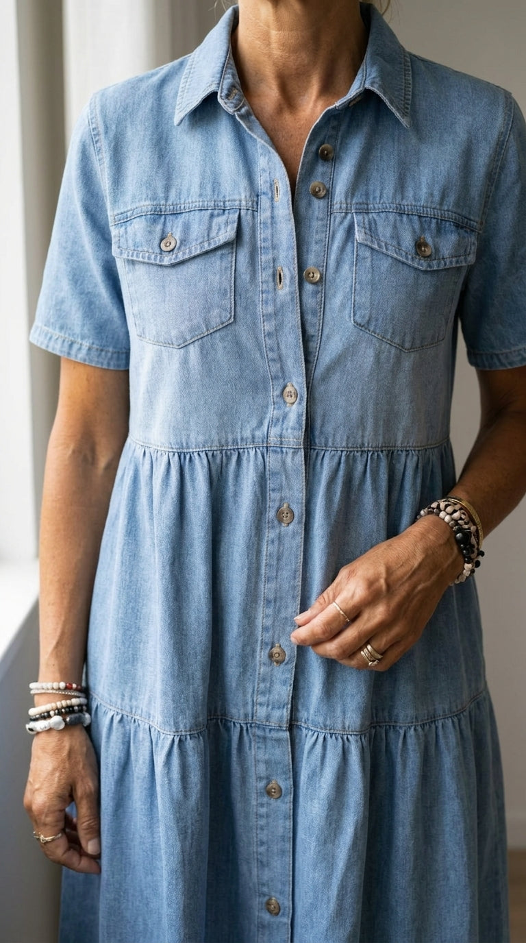 Dettaglio abbottonatura frontale e tessuto denim azzurro cielo dell'abito Elizabeth