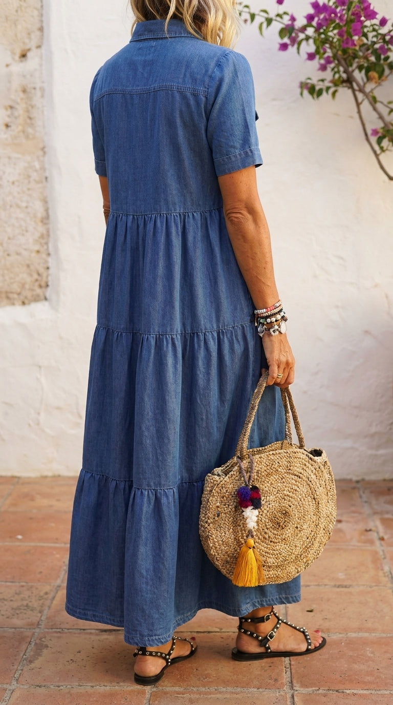 Abito midi Elizabeth con abbottonatura frontale in denim blu, vista posteriore