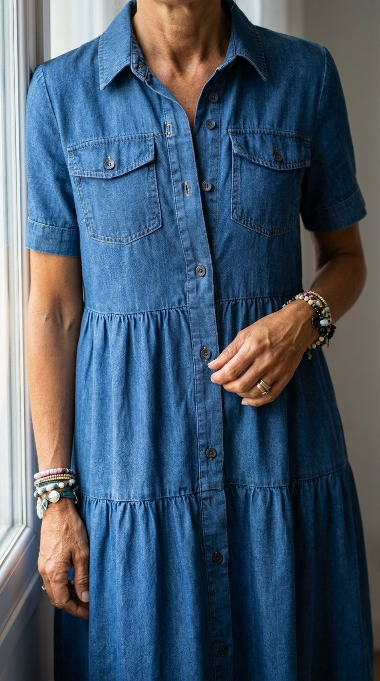 Dettaglio abbottonatura frontale e tessuto denim blu dell'abito Elizabeth