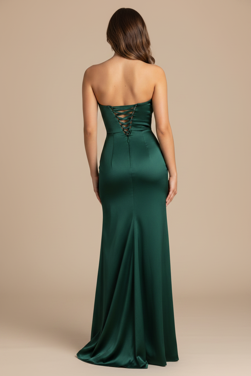 Serena – Abito lungo senza spalline effetto silhouette verde