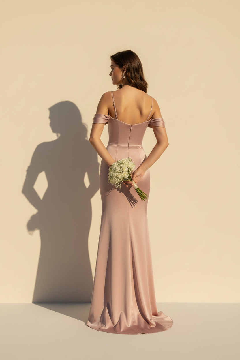 Aurélie – Abito lungo in raso effetto silhouette rosa cipria