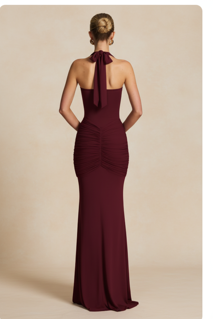 Seraphina – Vestito Lungo Arricciato Effetto Silhouette Bordeaux