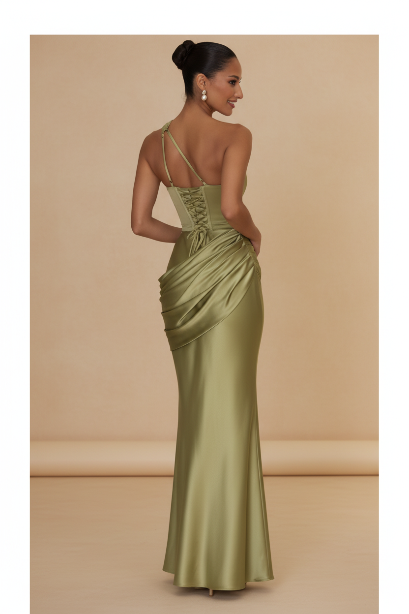 Aveline – Vestito Maxi Asimmetrico in Raso Verde Oliva
