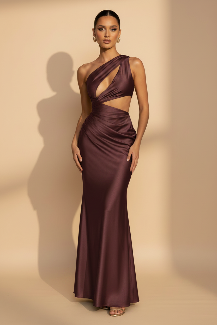 Aveline – Vestito lungo asimmetrico in raso bordeaux