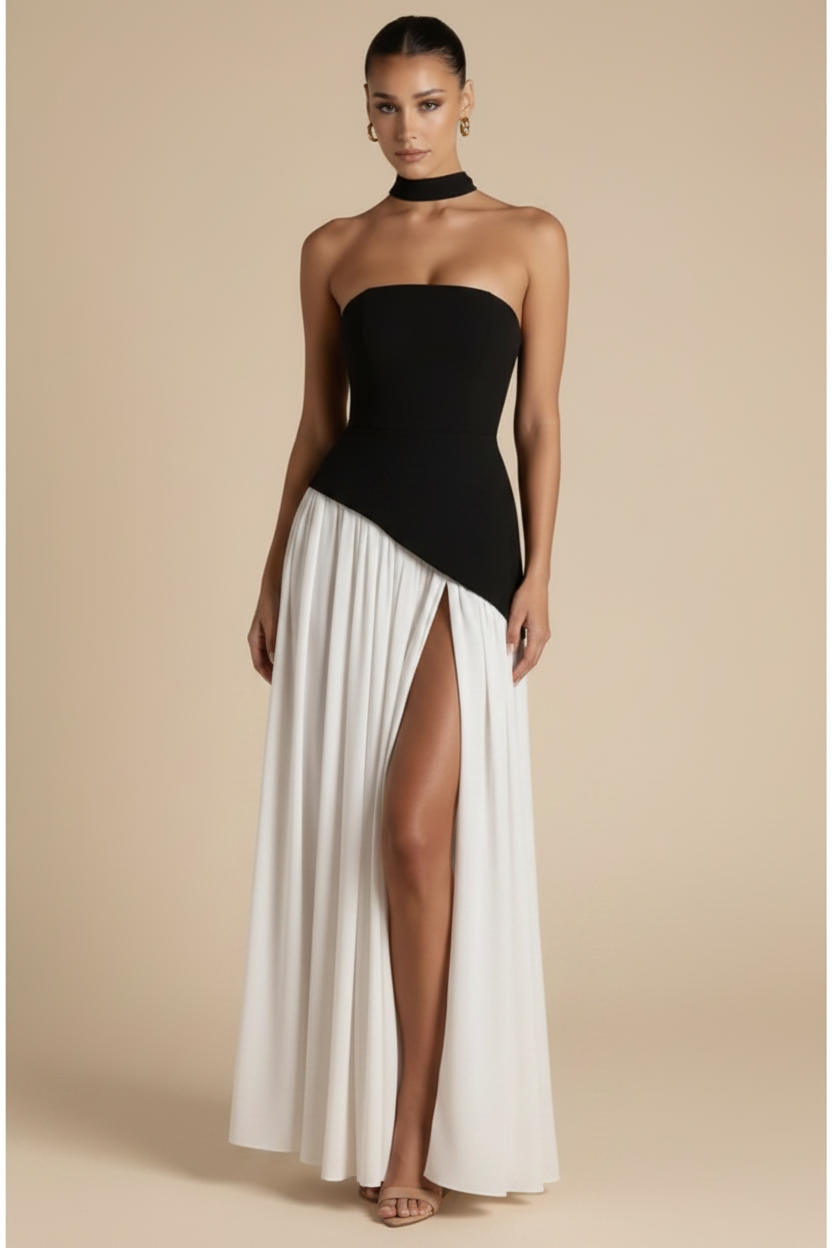 Valeria – Vestito Lungo Senza Spalline con Spacco Elegante Bianco e Nero