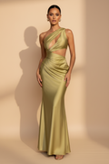 Aveline – Vestito Maxi Asimmetrico in Raso Verde Oliva
