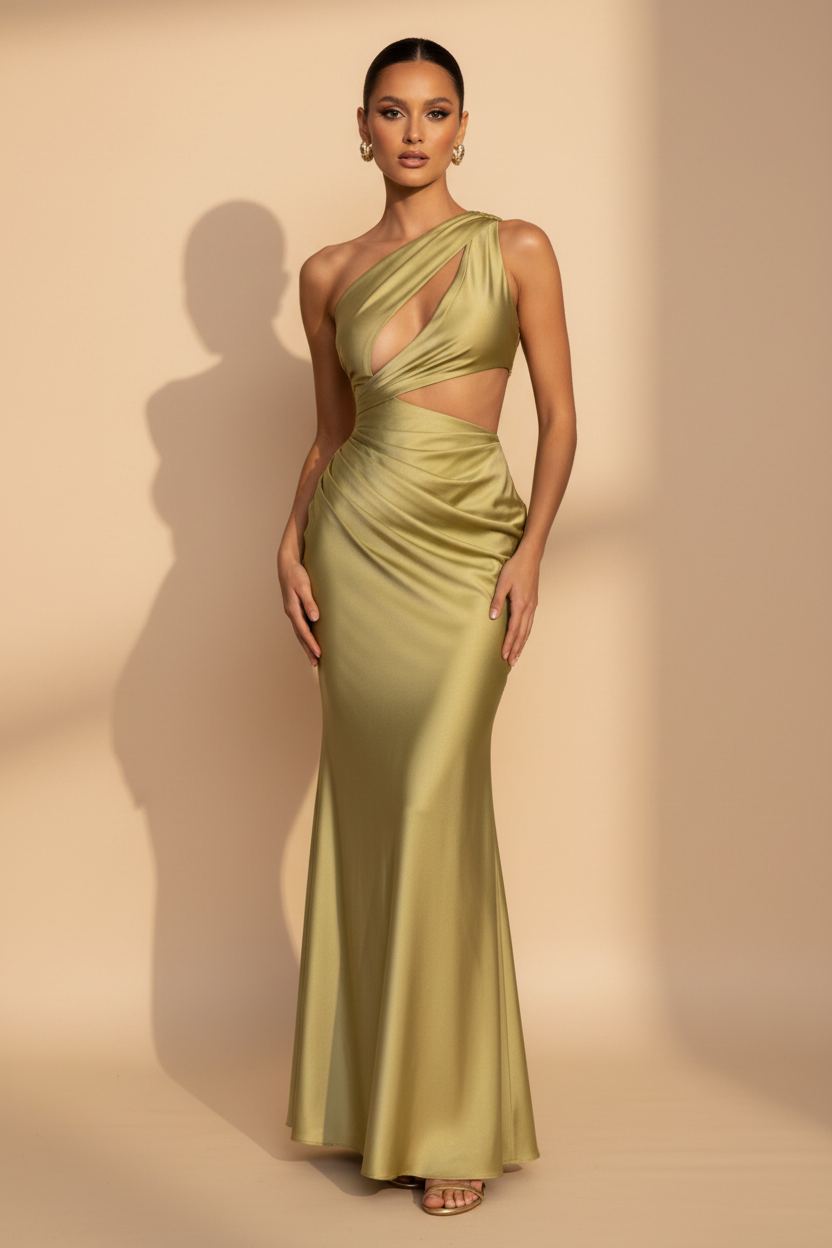 Aveline – Vestito Maxi Asimmetrico in Raso Verde Oliva