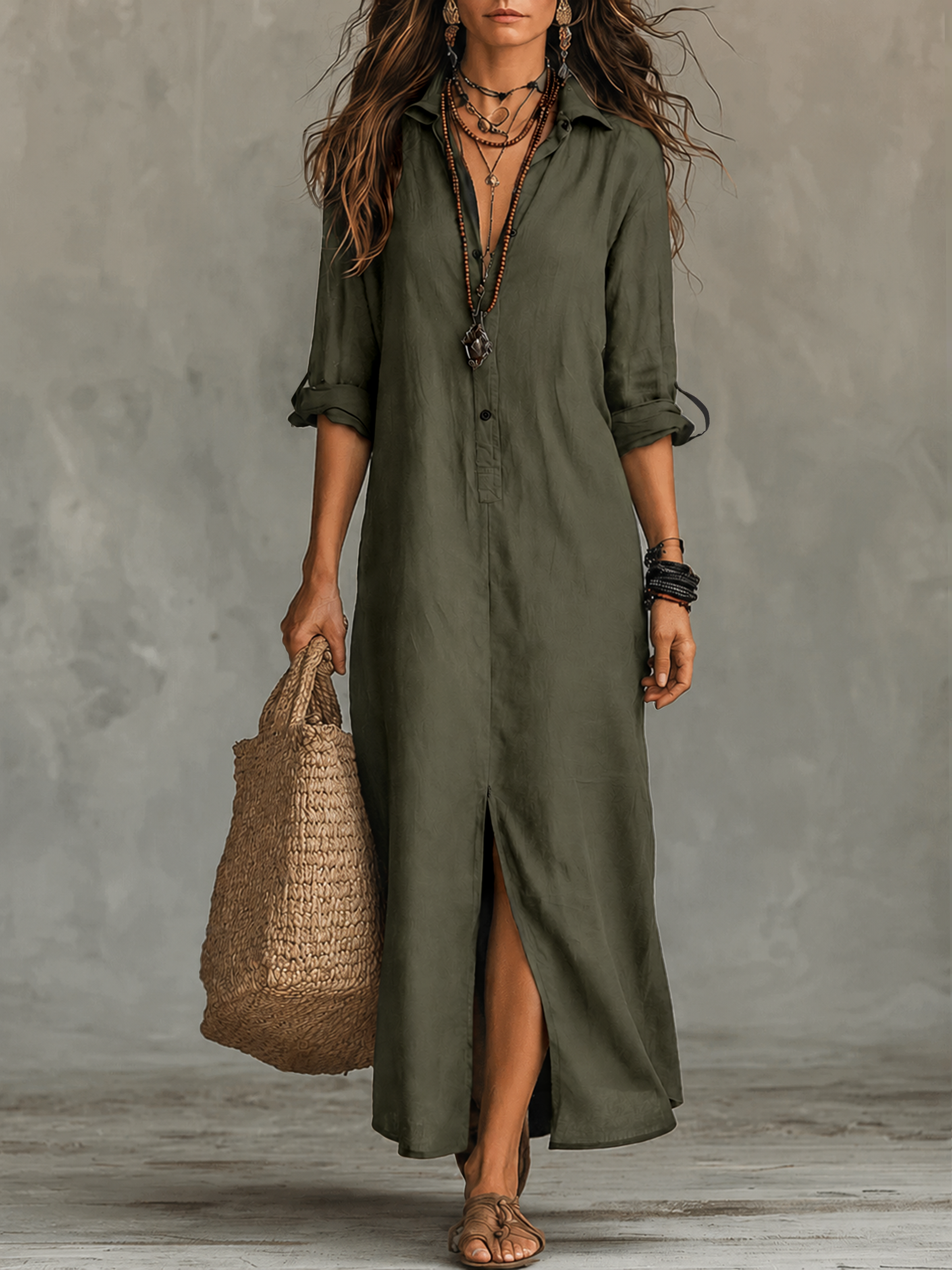 Abito Lungo Chemisier Boho Nero con Bottoni