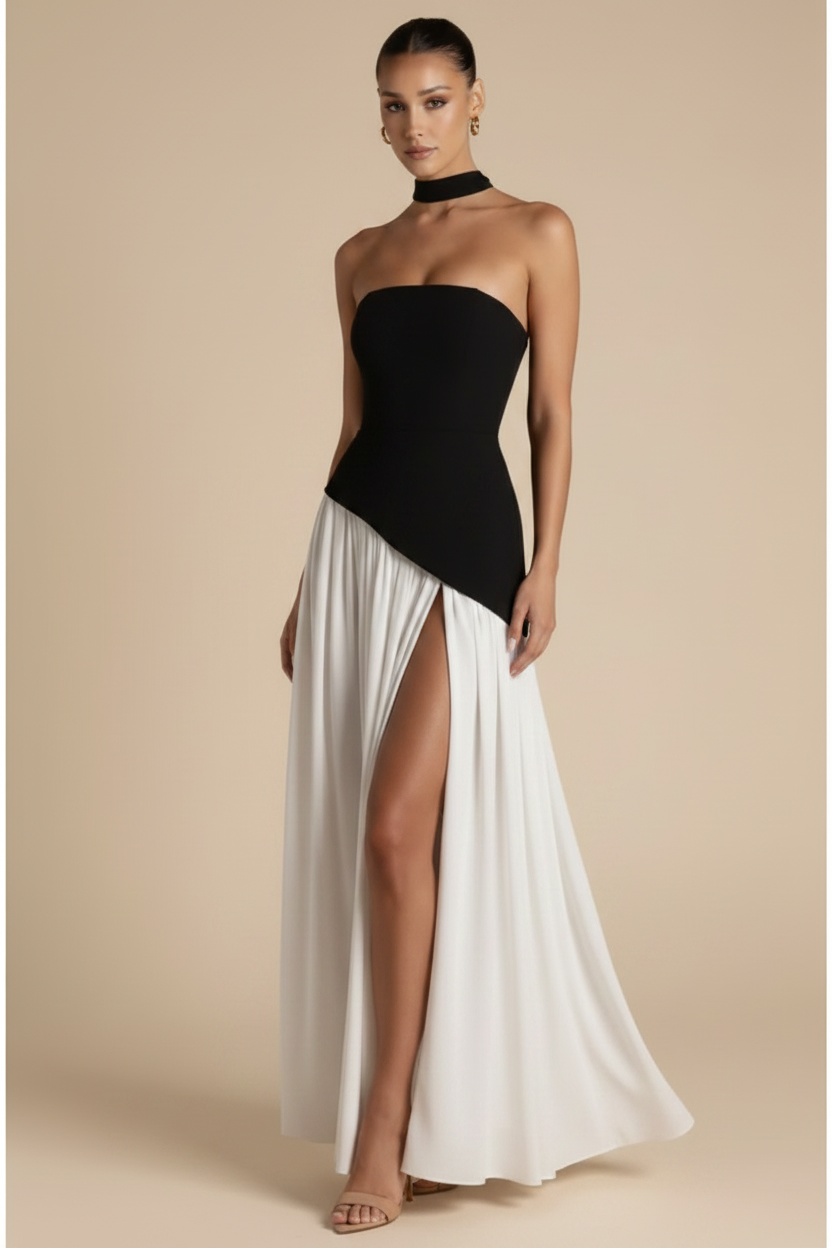 Valeria – Vestito Lungo Senza Spalline con Spacco Elegante Bianco e Nero