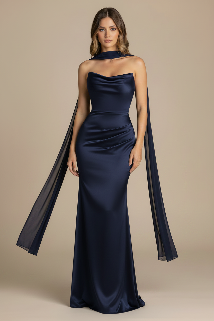 Serena – Abito lungo senza spalline effetto sagomato blu navy