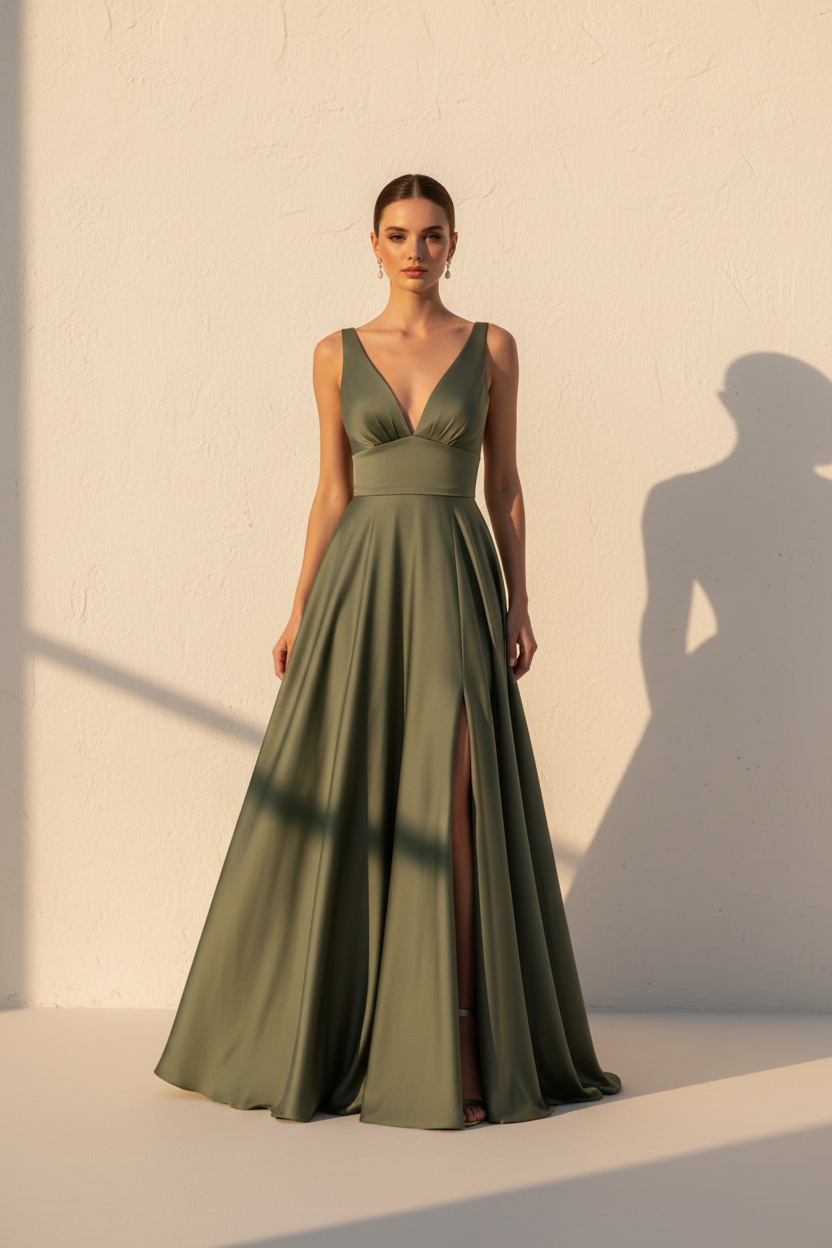 Aurelia – Abito lungo fluido effetto silhouette verde oliva