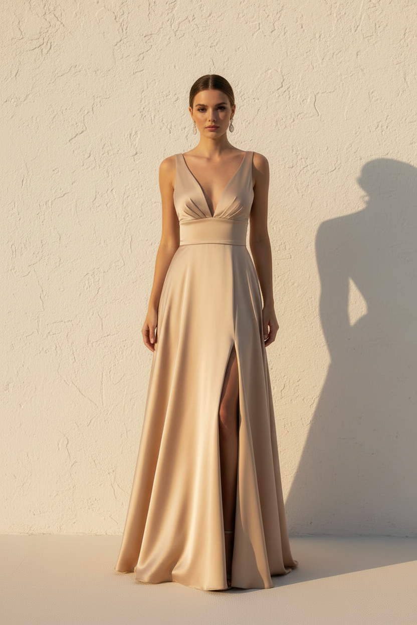 Aurelia – Abito Lungo Fluido Effetto Silhouette Champagne