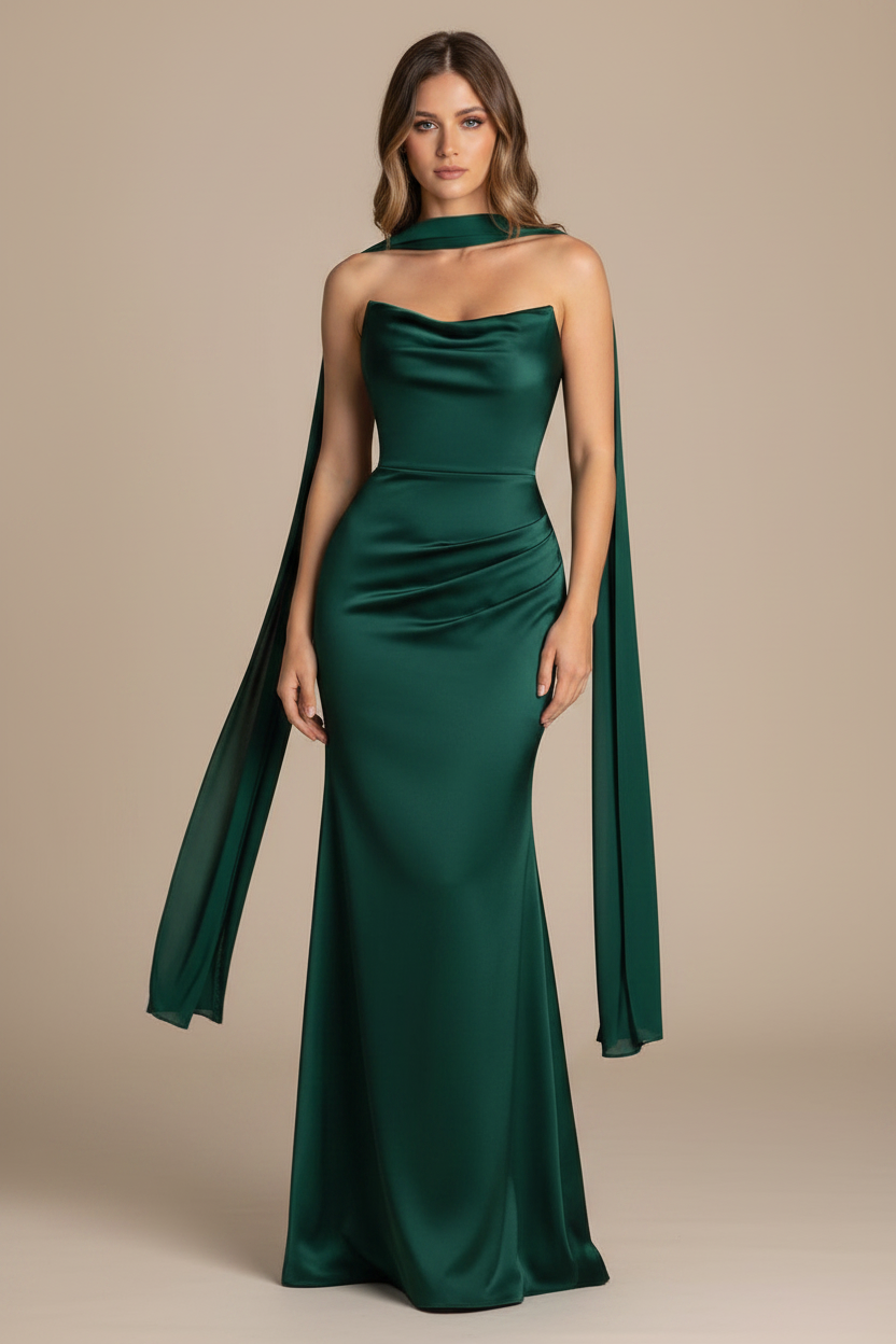 Serena – Abito lungo senza spalline effetto silhouette verde