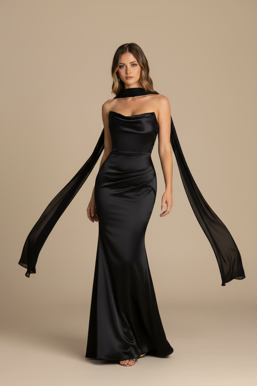 Serena – Abito Lungo Senza Spalline Effetto Silhouette Nero