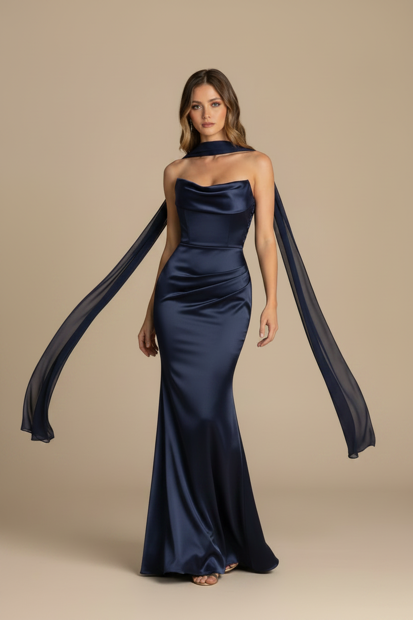Serena – Abito lungo senza spalline effetto sagomato blu navy