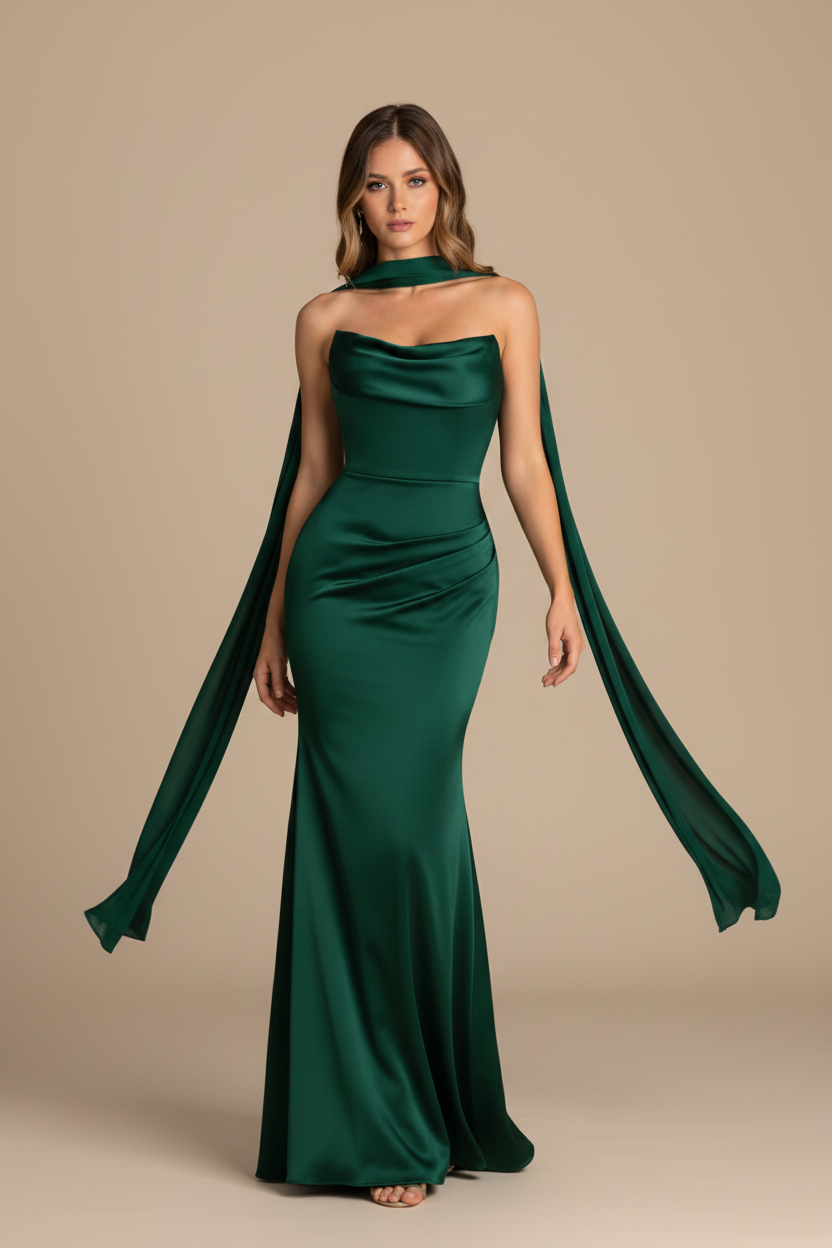 Serena – Abito lungo senza spalline effetto silhouette verde