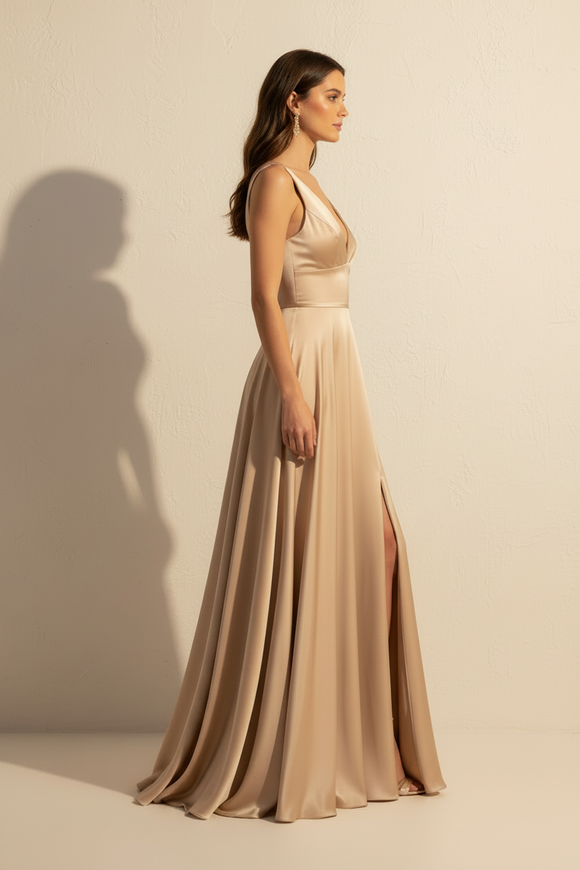 Aurelia – Abito Lungo Fluido Effetto Silhouette Champagne