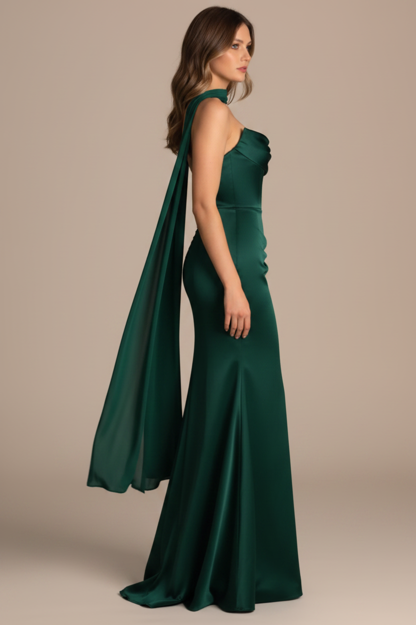 Serena – Abito lungo senza spalline effetto silhouette verde