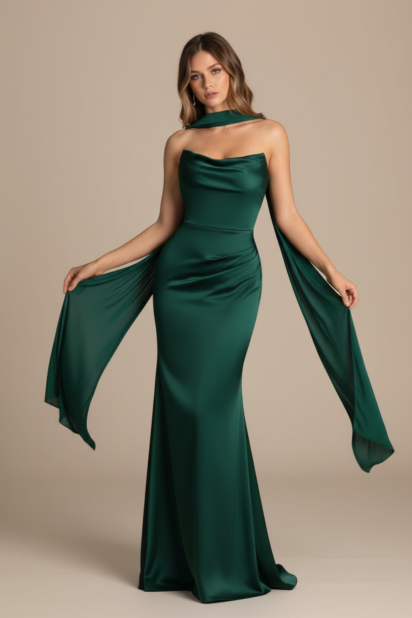 Serena – Abito lungo senza spalline effetto silhouette verde