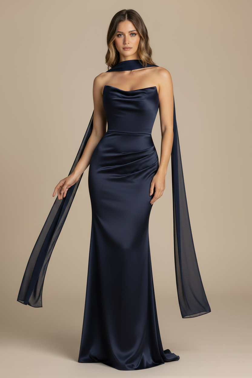 Serena – Abito lungo senza spalline effetto sagomato blu navy