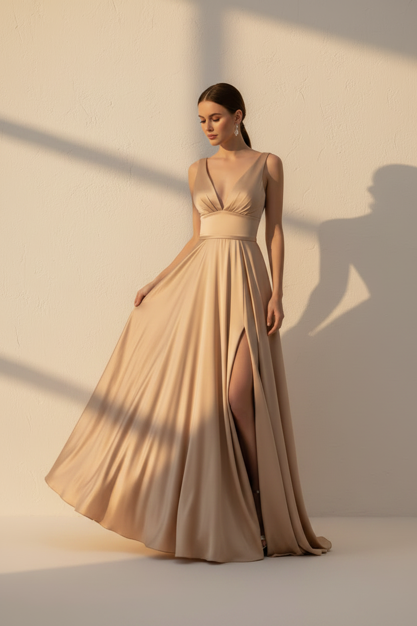 Aurelia – Abito Lungo Fluido Effetto Silhouette Champagne