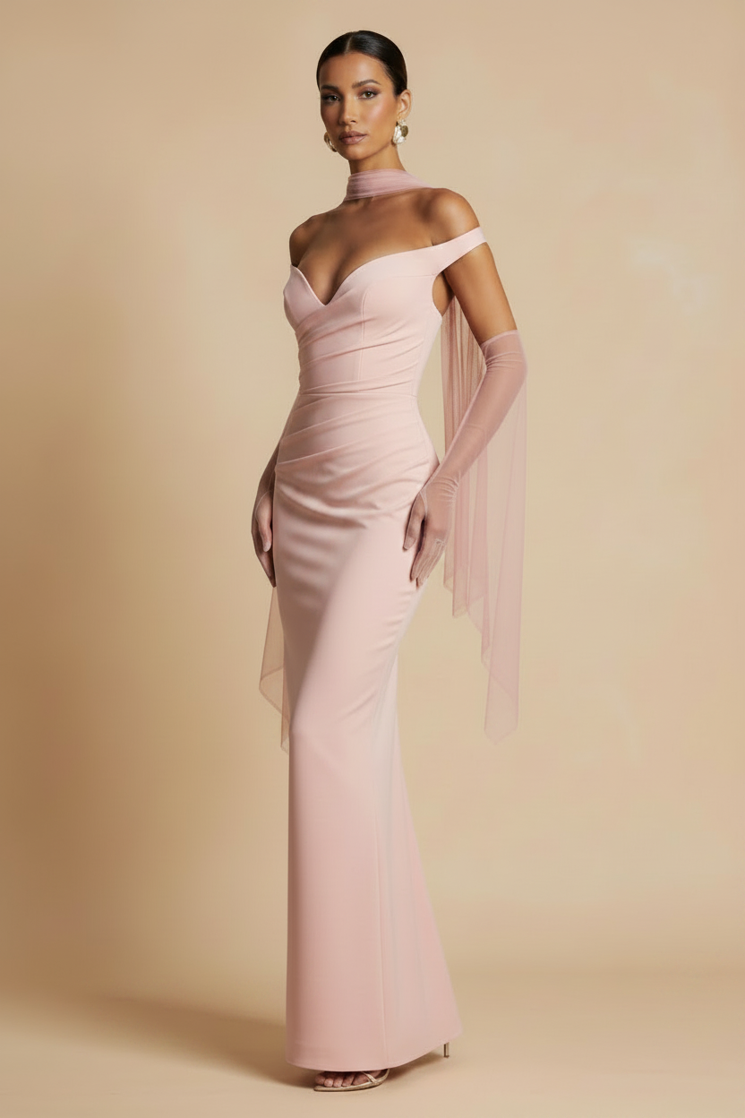 Selene – Abito Lungo Off Shoulder Effetto Sagoma Rosa