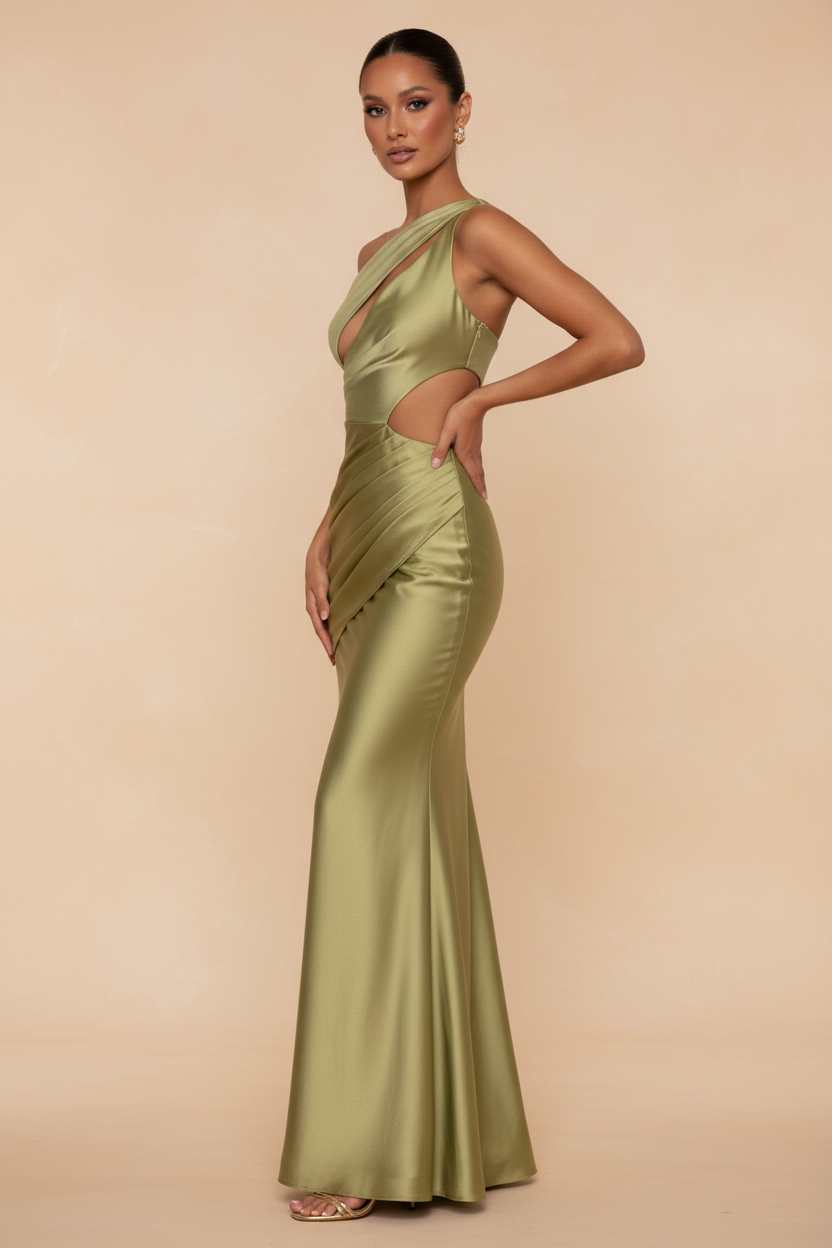 Aveline – Vestito Maxi Asimmetrico in Raso Verde Oliva
