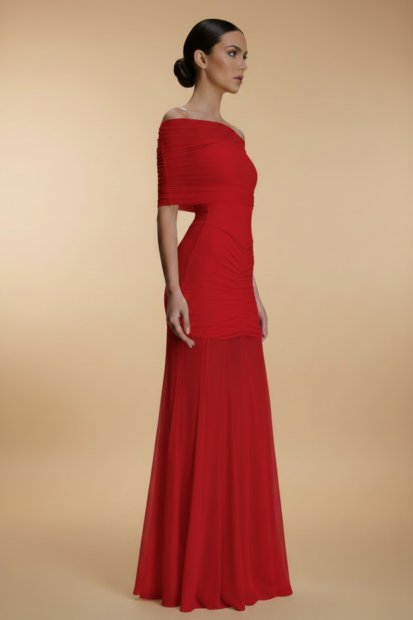 Aurelia – Abito lungo drappeggiato effetto silhouette rosso