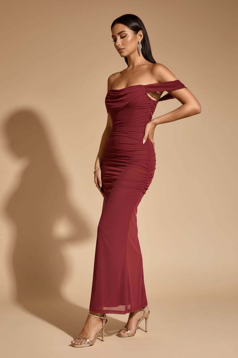 Serena Vestito Lungo Drappeggiato Color Lampone